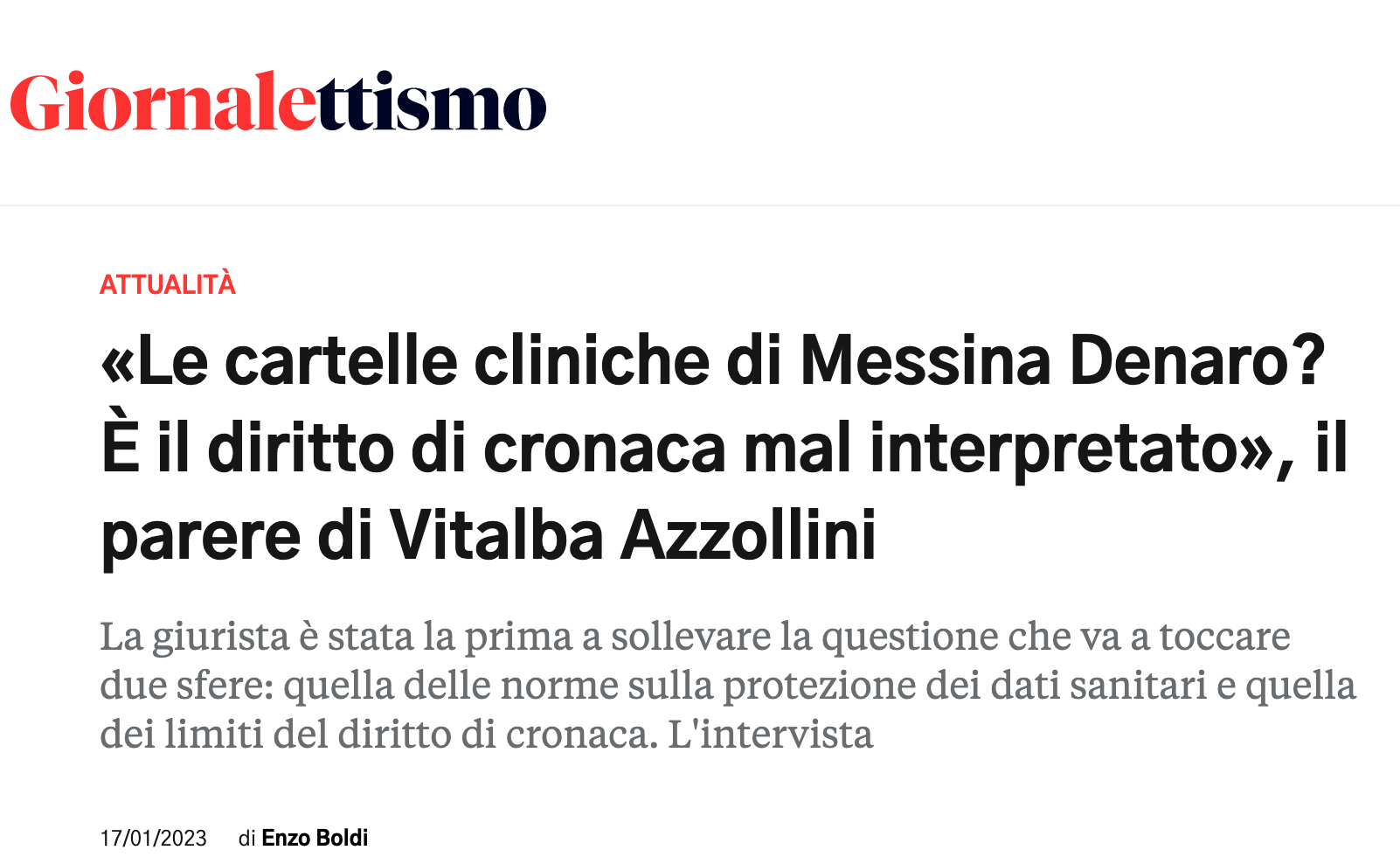 «Le cartelle cliniche di Messina Denaro? È il diritto di cronaca mal interpretato», il parere di Vitalba Azzollini