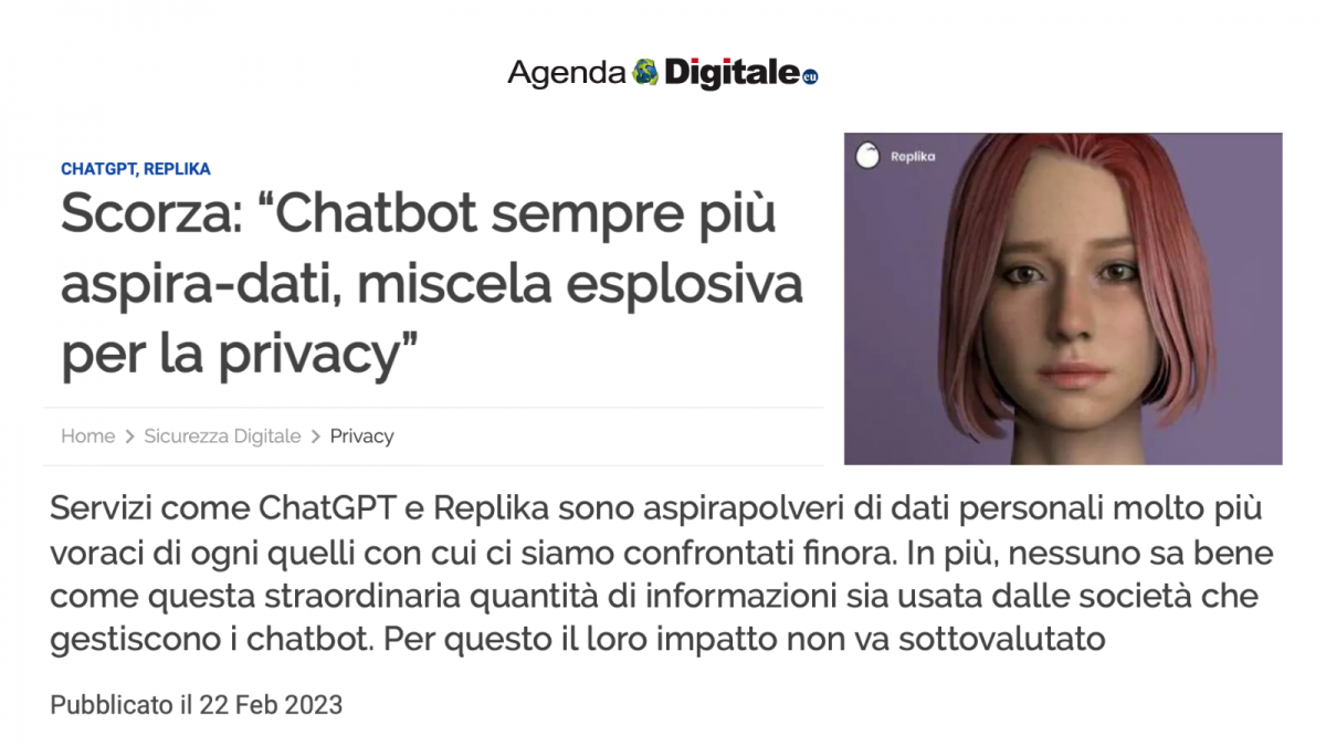 Su Agenda Digitale, Chatbot sempre più aspira-dati, miscela esplosiva per la privacy