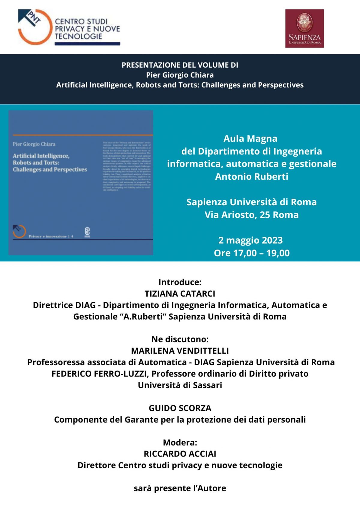PRESENTAZIONE DEL VOLUME DI<br>Pier Giorgio Chiara<br>Artificial Intelligence, Robots and Torts: Challenges and Perspectives